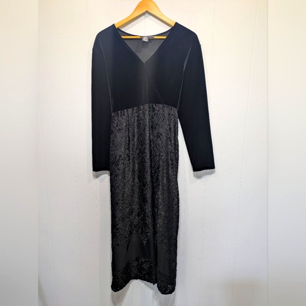 Carole Little Velvet Maxi Dress Black Size 14 Layered Intricate‎ Overlay